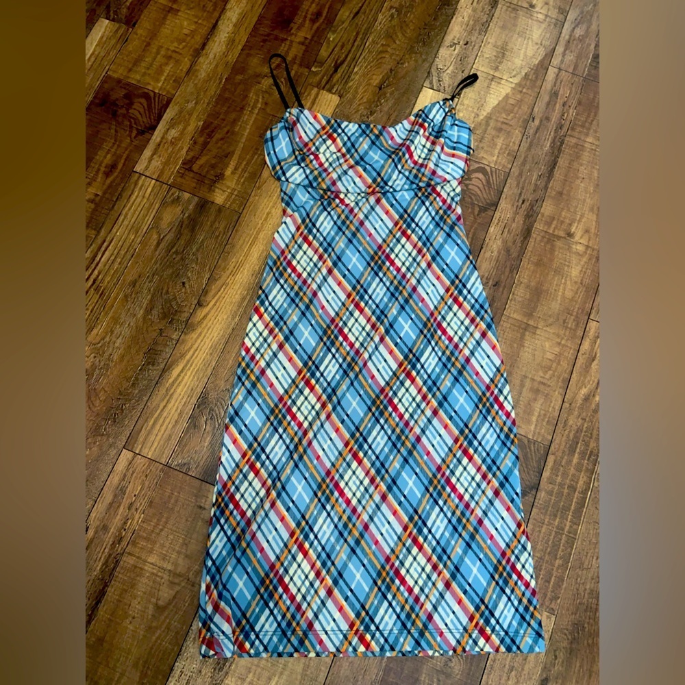bcbg max azria y2k plaid dress spring boho 90s light blue classic designer